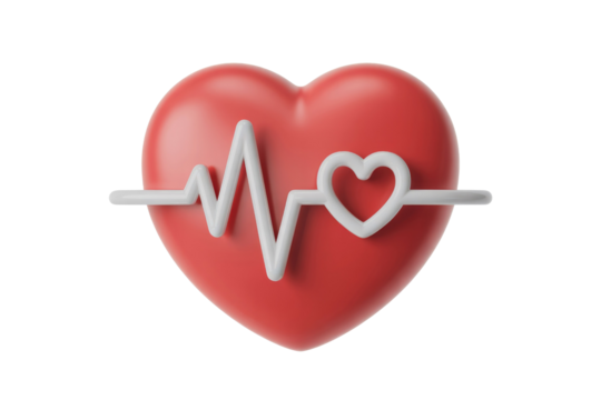 3D render of a red heart with a white heartbeat line, symbolizing health and love. background removed