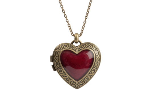 Antique bronze heart locket pendant necklace with a red glass heart inside, elegant and romantic. background removed