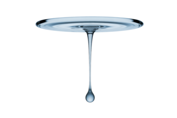 A single water droplet hangs from a thin stream, originating from a circular ripple. background removed