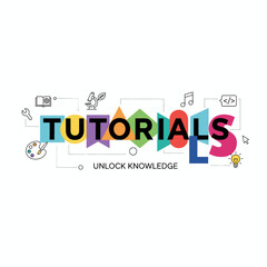 A thin-line flat design banner for the TUTORIALS webpage, an online platform offering tutorials across various fields, featuring a vector illustration of the word TUTORIALS for website banners