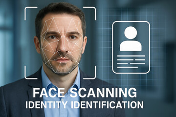 Face scanning technology for secure identity verification using biometric recognition in modern digital systems. concept of identity security, biometric verification, digital innovation