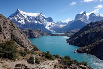 Fototapeta premium Torres del Paine National Park in southern Chile is famous for its breathtaking scenery including jagged mountains clear lakes and large glaciers
