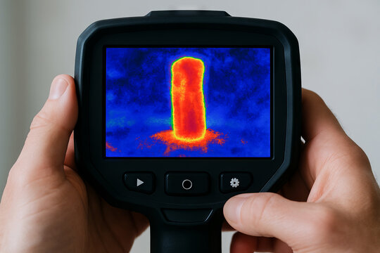 Hand holding thermal image of object on display screen showing heat signature. concept of temperature analysis, heat detection, technological device application
