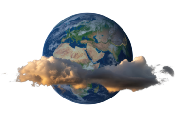 Earth enveloped in dramatic clouds, a digital illustration showcasing global weather patterns and environmental themes. background removed