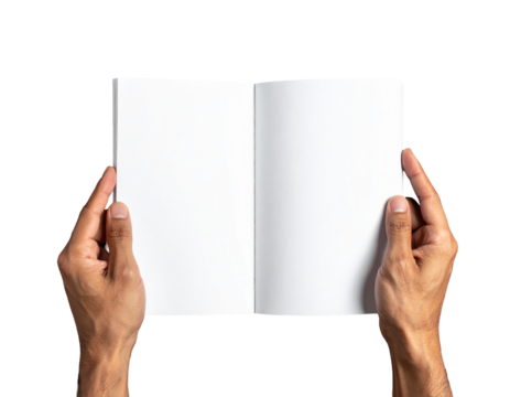 Close-up of hands presenting an empty open notebook