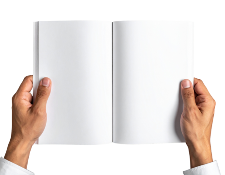 Close-up of hands presenting an empty open notebook