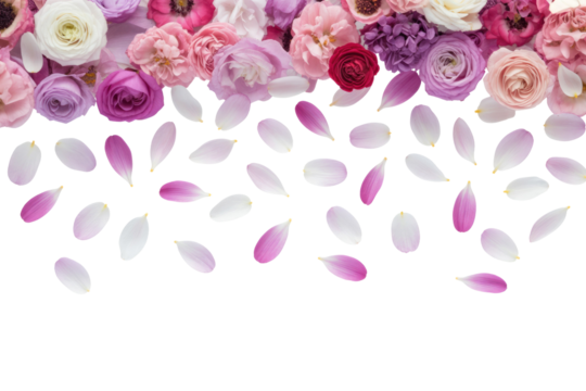 A border of various pink flowers and falling petals on a transparent background. background removed