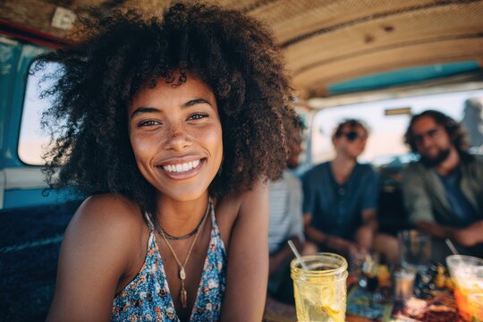 Global motorhome journey Happy young African woman with an afro smiles at the camera while her diverse friends chat and drink behind her High quality