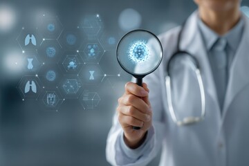 doctor in white coat examining a virus through a magnifier in a medical lab, highlighting research and technology for healthcare, education, and medical advertising