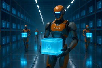 Artificial Intelligence Robot Holds a Package while Navigating a Busy Storage Facility with Automated Machinery and Organized Inventory Racks