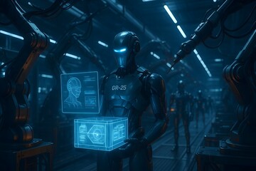Humanoid Robot Transports a Parcel in a Spacious Distribution Hub with Modern Supply Chain Automation Solutions. Cinematic Follow Shot Through Shelves with Cardboard Boxes
