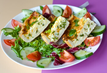 Slices of Shortcrust Pastry Cheddar Cheese and Onion Quiche with Summer Salad, British Savoury Cuisine