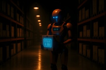 Humanoid Robot Transports a Parcel in a Spacious Distribution Hub with Modern Supply Chain Automation Solutions. Cinematic Follow Shot Through Shelves with Cardboard Boxes