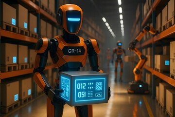 Humanoid Robot Carrying a Cardboard Box while Walking Through a Large Logistics Warehouse with Other Autonomous Robots. Futuristic Workplace with Automation and AI-Powered Work Equipment