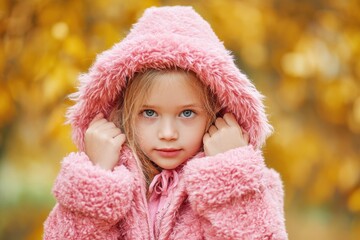 Fashionable young girl 5 6 years old in a trendy pink coat at a park during autumn Posing for the camera