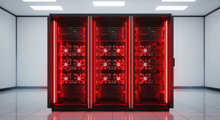 Three Powerful Server Racks with Red Illumination in a Modern Datacenter
A front-facing shot of three black server racks standing in a row within a clean, brightly lit, and futuristic server room
