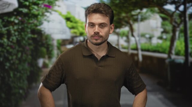 Man smiling with hands on hips on a leafy urban street lined with trees and planters, casual polo shirt; confidence.