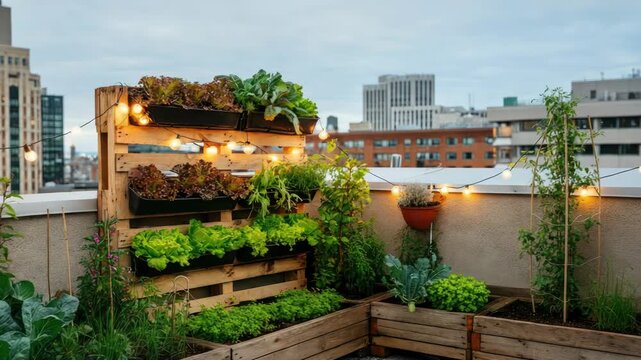 Urban rooftop garden with lush plants, wooden planters, and string lights