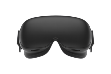 A black VR headset, viewed from the front, is shown against a transparent background. background removed