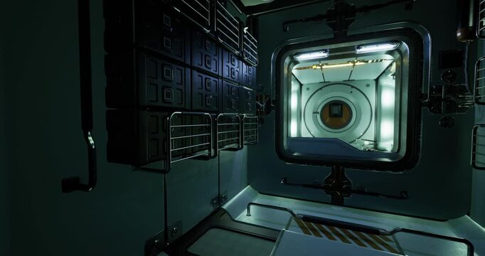 A metallic spacecraft module showcases intricate paneling and lighting. The space features various compartments and a large circular opening, indicating advanced technology and design.