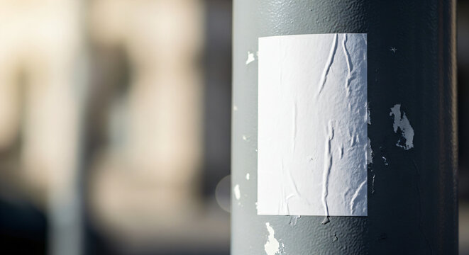 A close-up, outdoor shot features a blank, rectangular white sticker adhered to a gray metallic pole, likely a lamppost or signpost.
