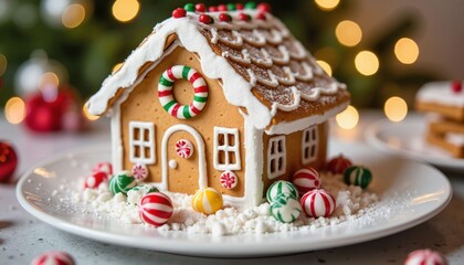 Gingerbread house decorated with icing and candy on white plate  