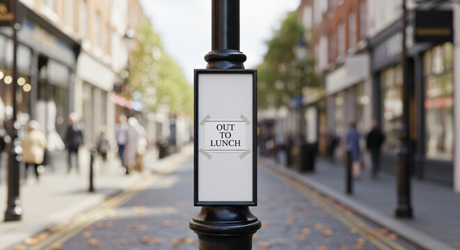 Fototapeta A close-up, outdoor, street-level shot focuses on a black metal lamppost with a flyer that reads "OUT TO LUNCH" in capital letters.