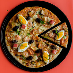Overhead Shot of Gourmet Seafood Shrimps, Prawns, Mussels Pizza with Eggs and Kalamata Greek Olives