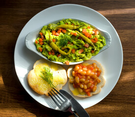 Baked Beans with Cheddar Cheese on Toast, Smashed Avocado and Piparra Spanish Chilli Pickled Peppers