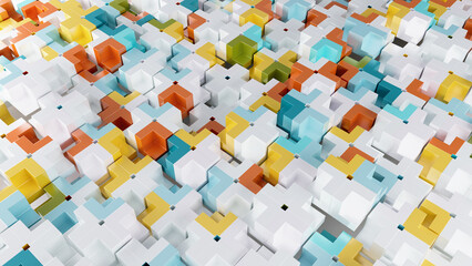 Abstract metallic shaps Background. Metal random size cube pattern wall. 3D rendering. Projection Mapping element with clean cubic surface. Geometric tech abstract background