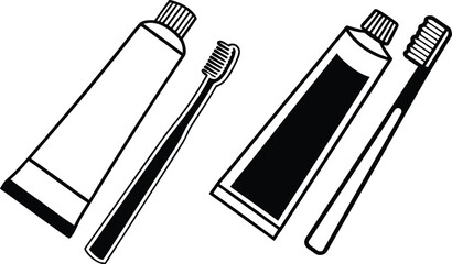 Two toothbrushes and toothpaste tubes silhouette isolated on white background