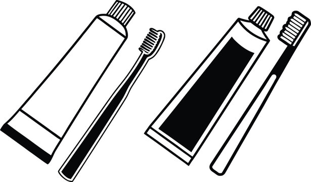 Two toothbrushes and toothpaste tubes silhouette isolated on white background