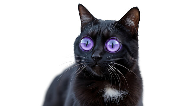 A sleek black cat stares intently with glowing, vibrant purple eyes, radiating an otherworldly gaze.