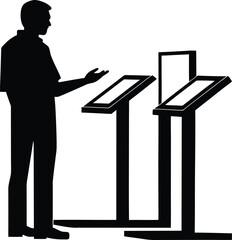 Man interacting with digital displays silhouette isolated on white background