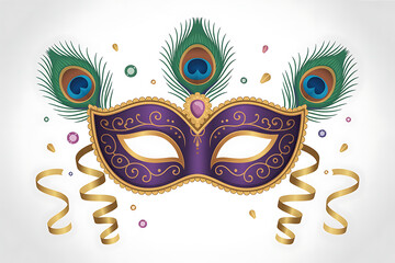 Ornate purple mask adorned with vibrant peacock feathers, evoking a festive, mysterious celebration.