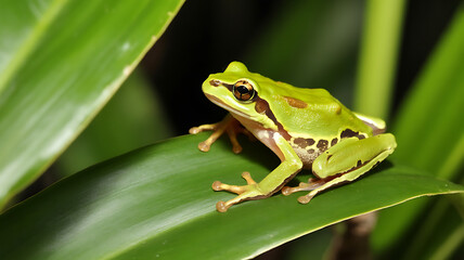 Vibrant green frog rests on a large leaf, blending seamlessly with lush foliage.