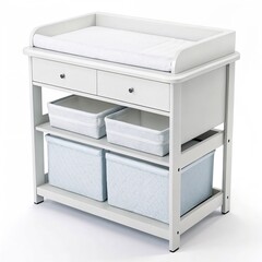 Baby changing table with storage baskets and drawers on a white background