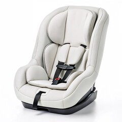Child car seat with adjustable straps and light-colored fabric on a white background
