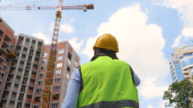 Back view of man builder in uniform standing in front of construction site looking at building process outdoors. Bottom view, low angle view. Constructing industry, business concept