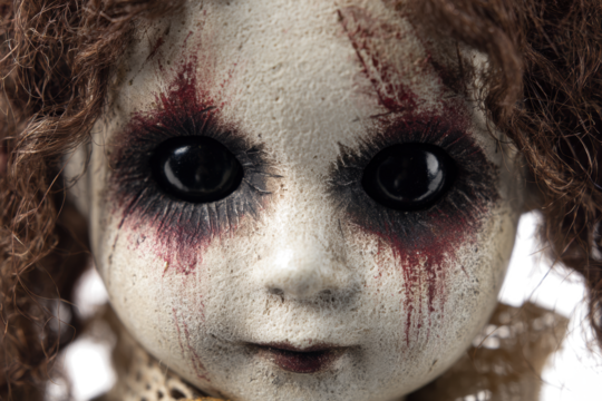 Creepy doll face with dark eyes and bloody tears a scary Halloween decoration perfect for horror themes