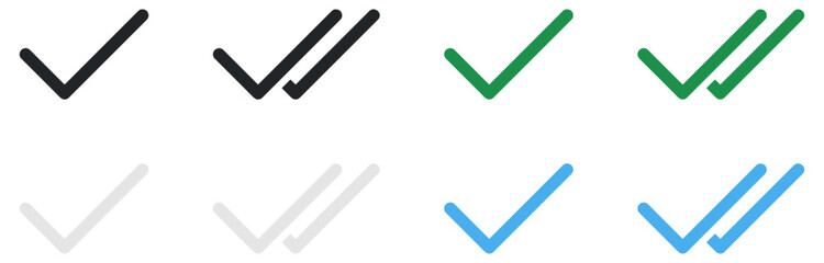 Simple double tick sign. Read message icon. Viewed message symbol. Blue, black and green checkmark illustration.