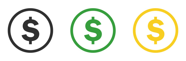 Simple set of black, gold and green outline  dollar coins