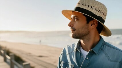 Smiling man in straw hat and denim shirt at beach - Powered by Adobe
