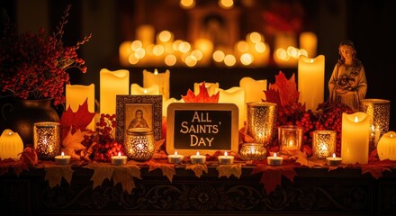 All Saints Day Hallowmas scene featuring bright burning candles, vibrant autumn leaves, red berries, a religious icon, and a serene saint figure glowing. Peaceful solemn remembrance.