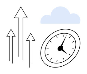 Clock paired with arrows pointing upward and a cloud conveys growth, acceleration, and time management. Ideal for productivity, success, scheduling, innovation, future, efficiency simple flat