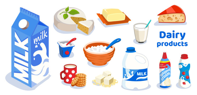 Set of dairy products icons in flat style isolated on white background. Vector collection for food design, packaging, grocery advertising, healthy nutrition and organic farm concepts.