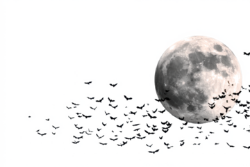 Full moon with flock of birds silhouetted against a white background creating a spooky or mysterious atmosphere