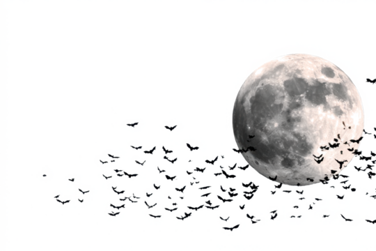 Full moon with flock of birds silhouetted against a white background creating a spooky or mysterious atmosphere
