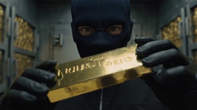 Masked person in black clothing standing inside a secure vault filled with stacks of gold bars, examining a single gold bar under bright lighting.