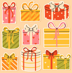 A collection of festive sticker gift boxes. Pastel-colored gifts for birthdays and Christmas.